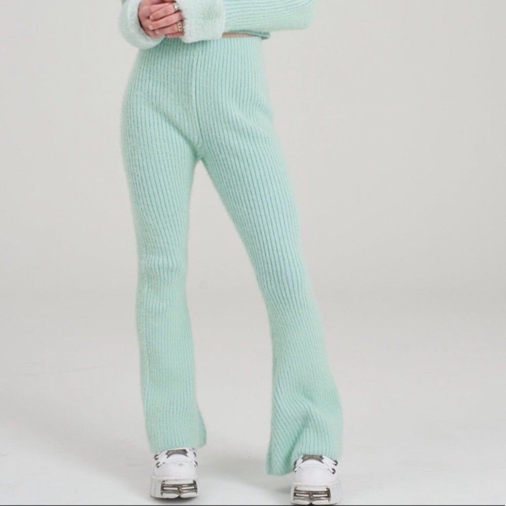 The Ragged Priest Knit Sweater Pant - Pastel Mint Green Ribbed Flares